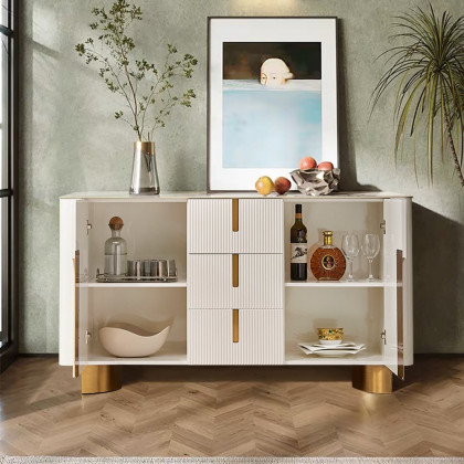 HMR - Artus Modern White 59"W Sintered Stone Sideboard 3 Drawers Kitchen Buffet Table