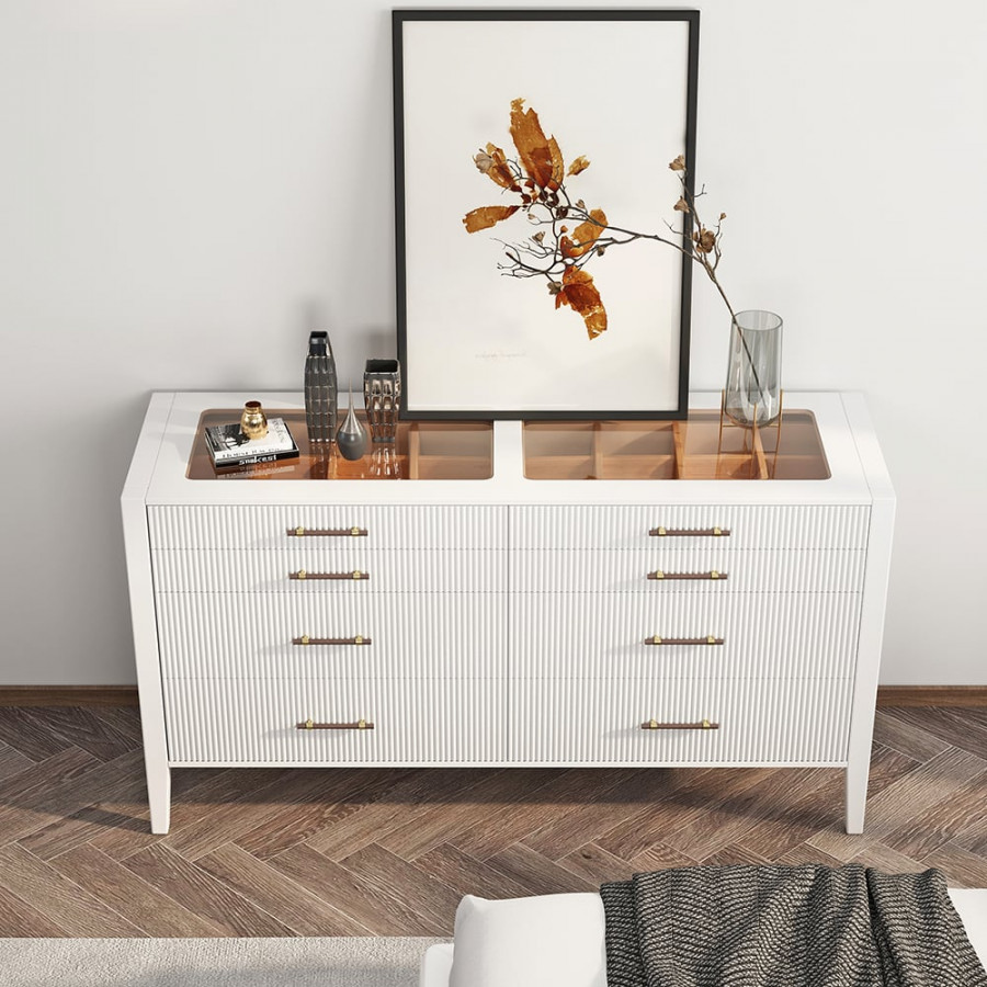 HMR - Fluted 8-Drawer Dresser with Tempered Glass Top & Jewelry Display