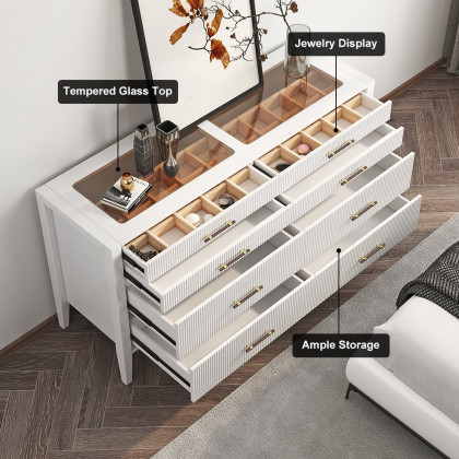 HMR - Fluted 8-Drawer Dresser with Tempered Glass Top & Jewelry Display
