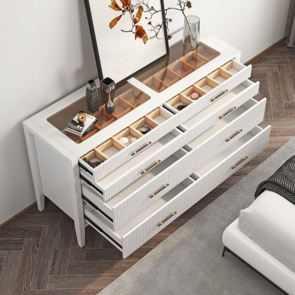 HMR - Fluted 8-Drawer Dresser with Tempered Glass Top & Jewelry Display