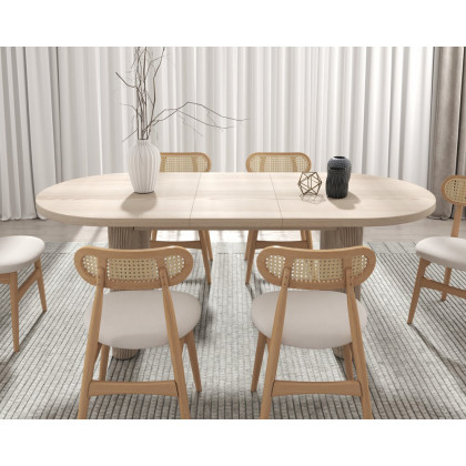 HMR Dining Set 63"-79" Japandi Oval Extendable Dining Table Whitewash with Chairs - White, With 6 Chairs, Style C