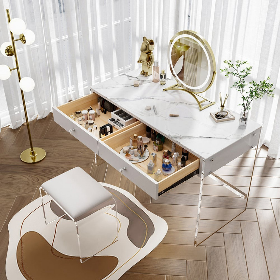 HMR - Modern Acrylic Floating Makeup Vanity Set with LED Lighted Standing Mirror & Stool