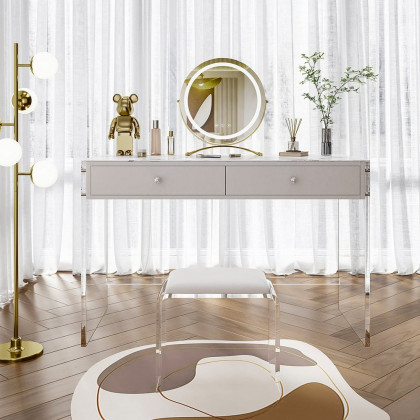 HMR - Modern Acrylic Floating Makeup Vanity Set with LED Lighted Standing Mirror & Stool
