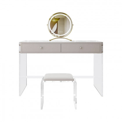 HMR - Modern Acrylic Floating Makeup Vanity Set with LED Lighted Standing Mirror & Stool