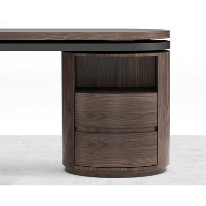 HMR Modern Set L-Shaped Desk & Reclining Leather Office Adjustable Swivel Chair - Black & Walnut
