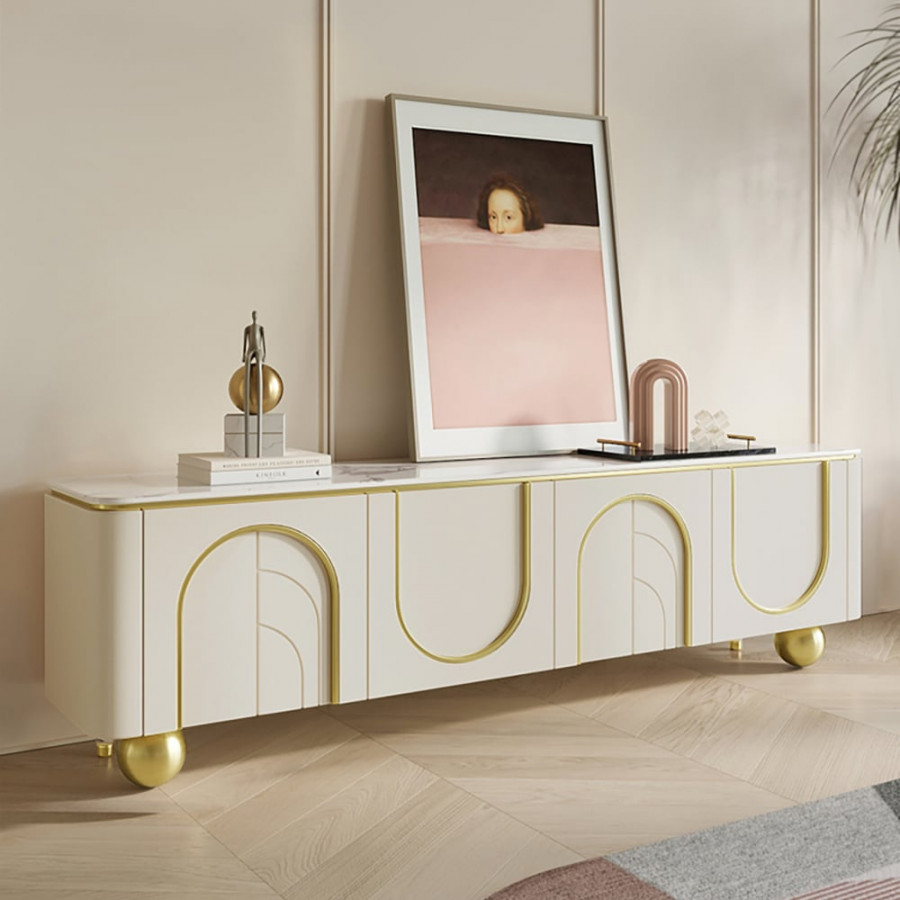 HMR - Modern Off White TV Stand Wood 4 Doors with 2 Shelves Media Console for TVs up to 85"
