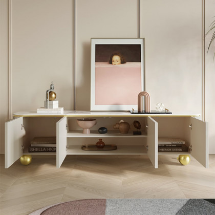 HMR - Modern Off White TV Stand Wood 4 Doors with 2 Shelves Media Console for TVs up to 85"