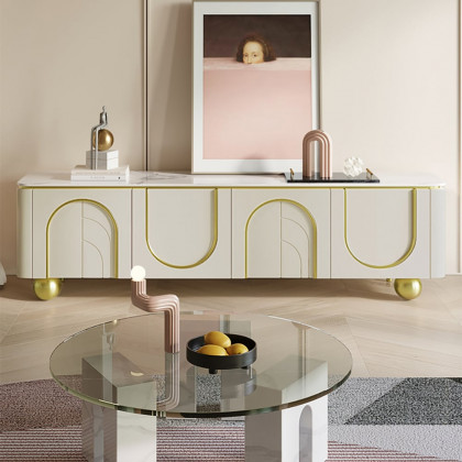 HMR - Modern Off White TV Stand Wood 4 Doors with 2 Shelves Media Console for TVs up to 85"