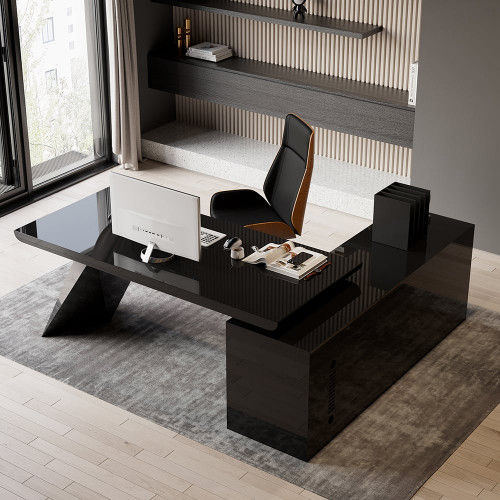 HMR Modern Large L-Shape Executive Desk with Drawers & Cabinet - Black, Left Hand, 70.9"
