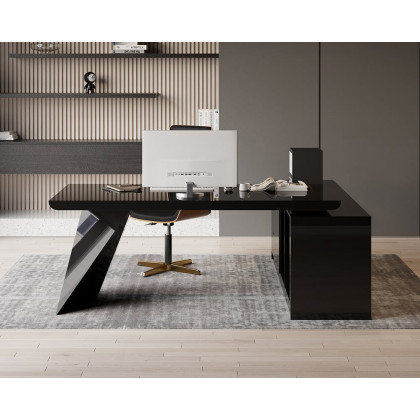 HMR Modern Large L-Shape Executive Desk with Drawers & Cabinet - Black, Left Hand, 70.9"