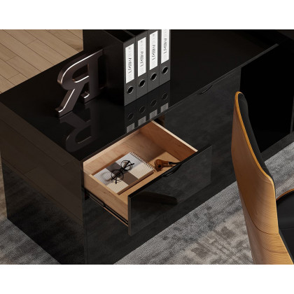 HMR Modern Large L-Shape Executive Desk with Drawers & Cabinet - Black, Left Hand, 70.9"