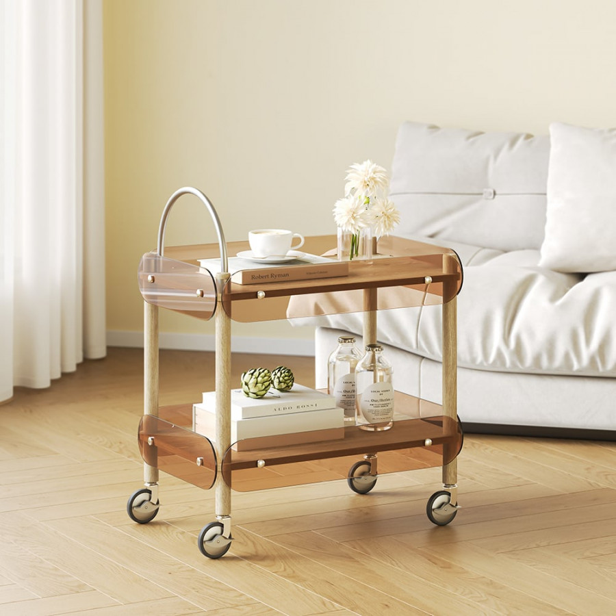HMR - Wooden Natural Rolling 2-Tier Bar Cart on Wheel with Stainless Steel Handle Glass