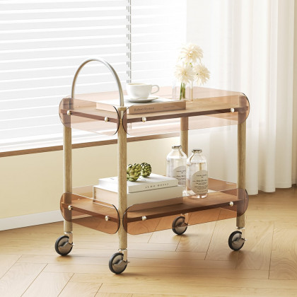 HMR - Wooden Natural Rolling 2-Tier Bar Cart on Wheel with Stainless Steel Handle Glass