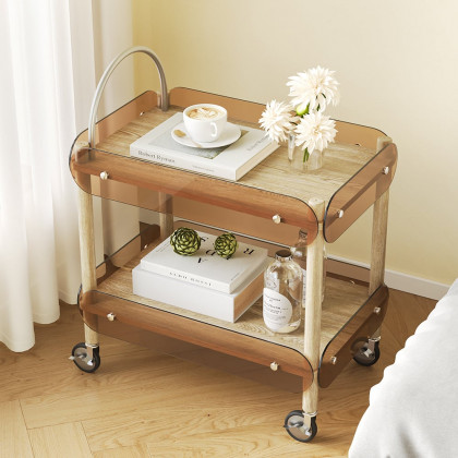 HMR - Wooden Natural Rolling 2-Tier Bar Cart on Wheel with Stainless Steel Handle Glass