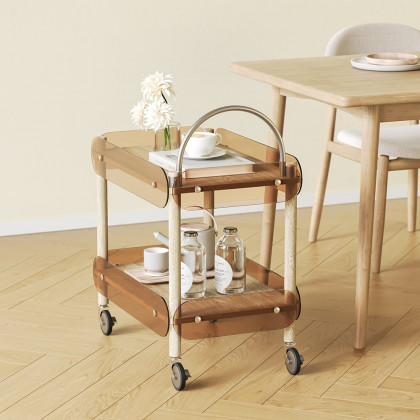 HMR - Wooden Natural Rolling 2-Tier Bar Cart on Wheel with Stainless Steel Handle Glass