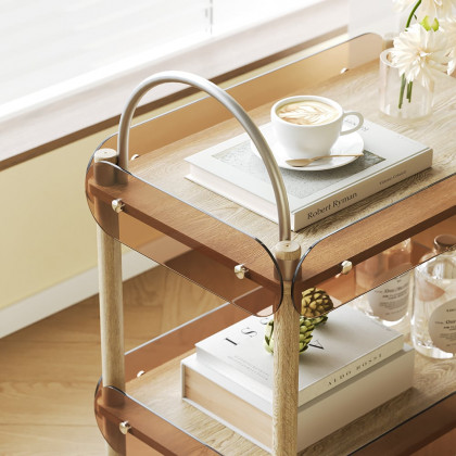 HMR - Wooden Natural Rolling 2-Tier Bar Cart on Wheel with Stainless Steel Handle Glass
