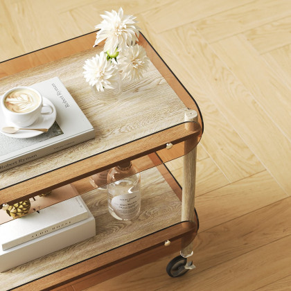 HMR - Wooden Natural Rolling 2-Tier Bar Cart on Wheel with Stainless Steel Handle Glass