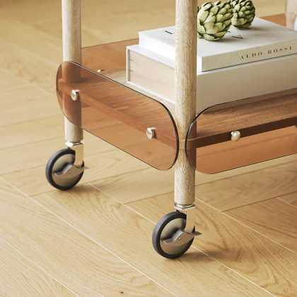 HMR - Wooden Natural Rolling 2-Tier Bar Cart on Wheel with Stainless Steel Handle Glass