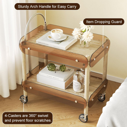 HMR - Wooden Natural Rolling 2-Tier Bar Cart on Wheel with Stainless Steel Handle Glass