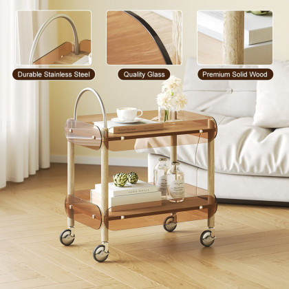 HMR - Wooden Natural Rolling 2-Tier Bar Cart on Wheel with Stainless Steel Handle Glass