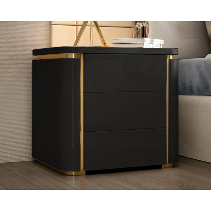 HMR Modern Luxury Square Nightstand with 3 Drawers - Black/Gold