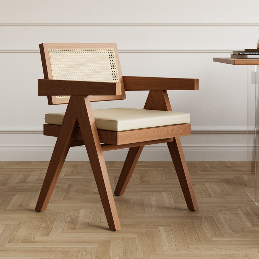 HMR Archic Japandi Bleached Wood Rattan Dining Chair with Solid Wood Frame - Walnut, With Upholstery, 8-Pieces