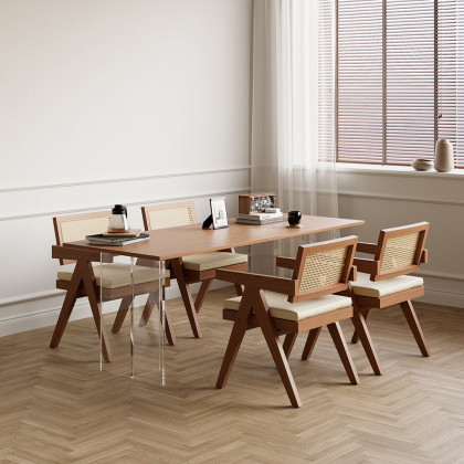 HMR Archic Japandi Bleached Wood Rattan Dining Chair with Solid Wood Frame - Walnut, With Upholstery, 8-Pieces