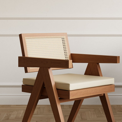 HMR Archic Japandi Bleached Wood Rattan Dining Chair with Solid Wood Frame - Walnut, With Upholstery, 8-Pieces