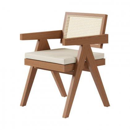 HMR Archic Japandi Bleached Wood Rattan Dining Chair with Solid Wood Frame - Walnut, With Upholstery, 8-Pieces