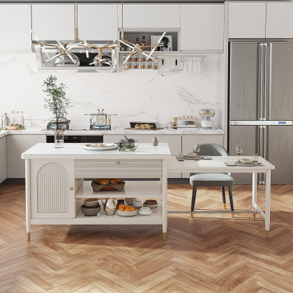 HMR - Modern 60" Extendable White Kitchen Island with Storage Faux Marble Kitchen Cabinet