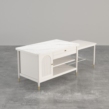 HMR - Modern 60" Extendable White Kitchen Island with Storage Faux Marble Kitchen Cabinet