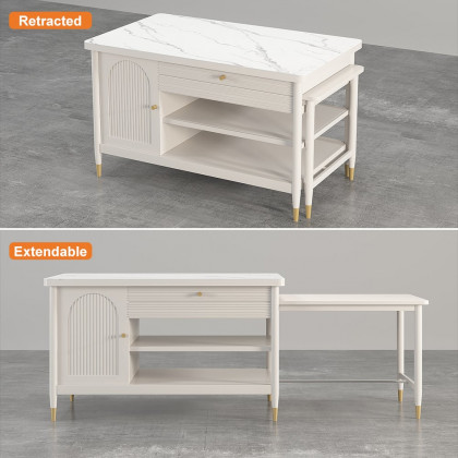 HMR - Modern 60" Extendable White Kitchen Island with Storage Faux Marble Kitchen Cabinet