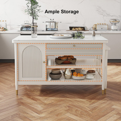 HMR - Modern 60" Extendable White Kitchen Island with Storage Faux Marble Kitchen Cabinet