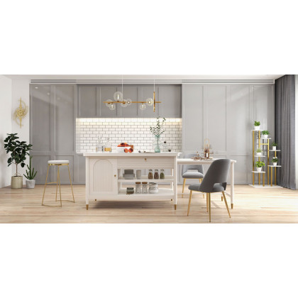 HMR - Modern 60" Extendable White Kitchen Island with Storage Faux Marble Kitchen Cabinet