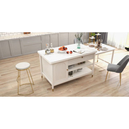 HMR - Modern 60" Extendable White Kitchen Island with Storage Faux Marble Kitchen Cabinet