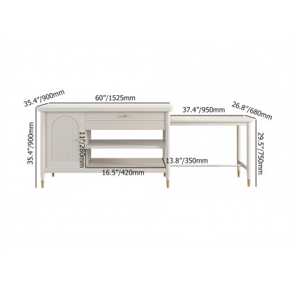HMR - Modern 60" Extendable White Kitchen Island with Storage Faux Marble Kitchen Cabinet