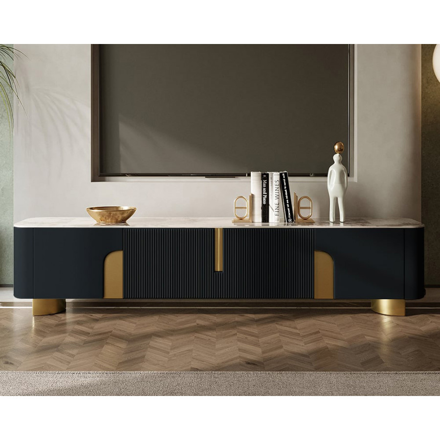 HMR - Artus Modern TV Stand Stone Top 4 Doors with Storage Media Console