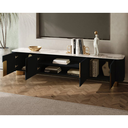 HMR Artus Modern TV Stand Stone Top 4 Doors with Storage Media Console - Black, 78.7"W x 15.7"D x 20.5"H