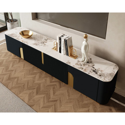 HMR Artus Modern TV Stand Stone Top 4 Doors with Storage Media Console - Black, 78.7"W x 15.7"D x 20.5"H
