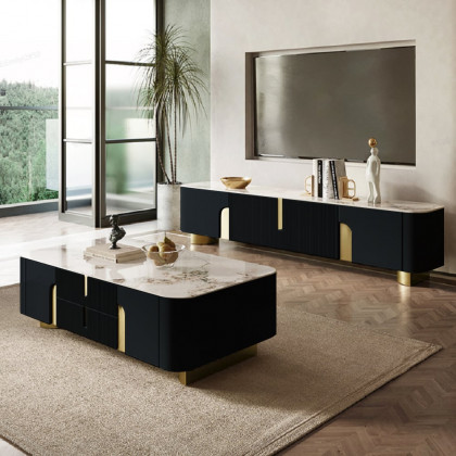 HMR Artus Modern TV Stand Stone Top 4 Doors with Storage Media Console - Black, 78.7"W x 15.7"D x 20.5"H