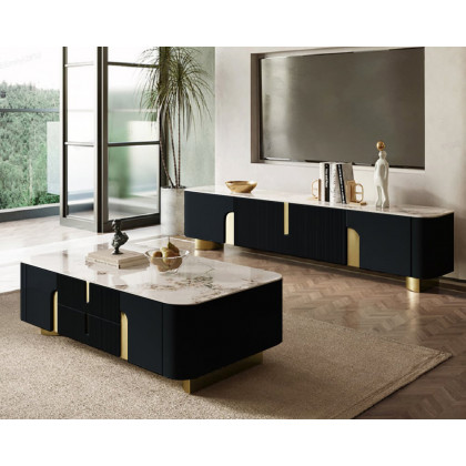 HMR Artus Modern TV Stand Stone Top 4 Doors with Storage Media Console - Black, 78.7"W x 15.7"D x 20.5"H