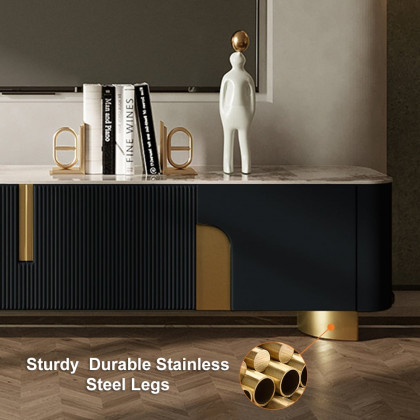 HMR Artus Modern TV Stand Stone Top 4 Doors with Storage Media Console - Black, 78.7"W x 15.7"D x 20.5"H