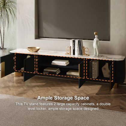 HMR Artus Modern TV Stand Stone Top 4 Doors with Storage Media Console - Black, 78.7"W x 15.7"D x 20.5"H