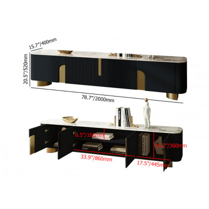 HMR Artus Modern TV Stand Stone Top 4 Doors with Storage Media Console - Black, 78.7"W x 15.7"D x 20.5"H