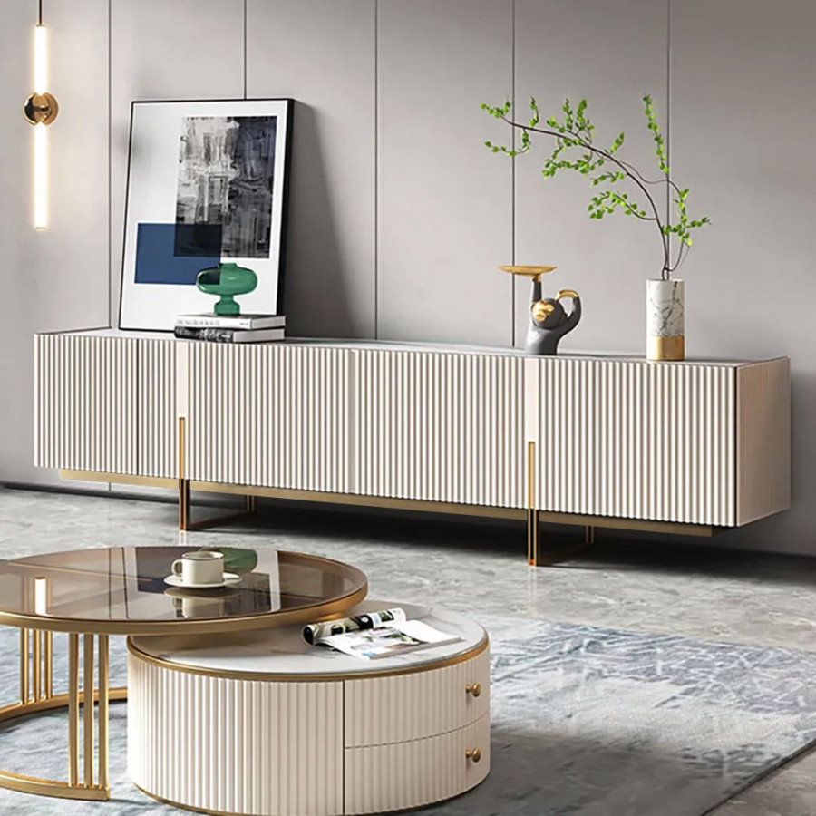 HMR Grovyn Sintered Stone Top Fluted TV Stand with Storage - Off White, 59.1"W x 15.7"D x 23.6"H, Without Fireplace