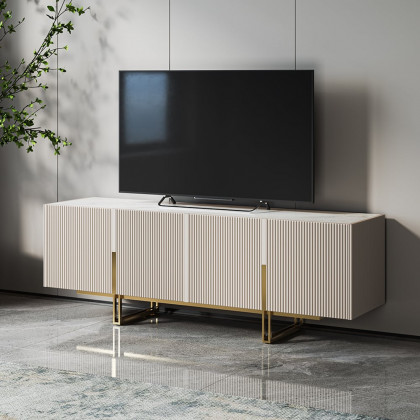 HMR Grovyn Sintered Stone Top Fluted TV Stand with Storage - Off White, 59.1"W x 15.7"D x 23.6"H, Without Fireplace