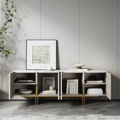 HMR Grovyn Sintered Stone Top Fluted TV Stand with Storage - Off White, 59.1"W x 15.7"D x 23.6"H, Without Fireplace