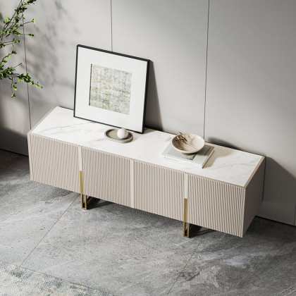HMR Grovyn Sintered Stone Top Fluted TV Stand with Storage - Off White, 59.1"W x 15.7"D x 23.6"H, Without Fireplace