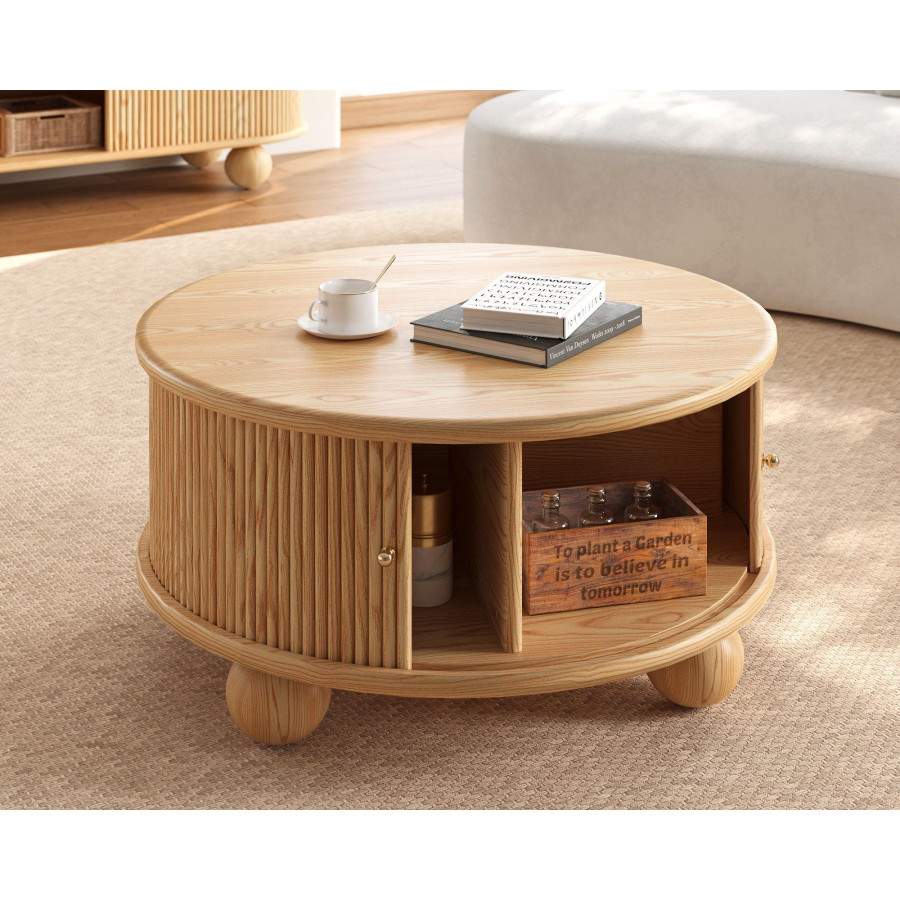 HMR - Stria Ash Wood Fluted Coffee Table with Storage