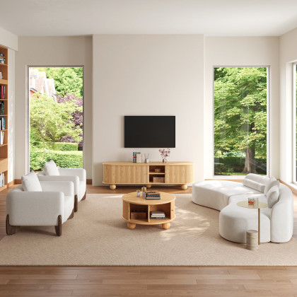 HMR Stria Ash Wood Fluted Coffee Table with Storage - Natural, Round, 31.9"W x 31.9"D x 16.3"H